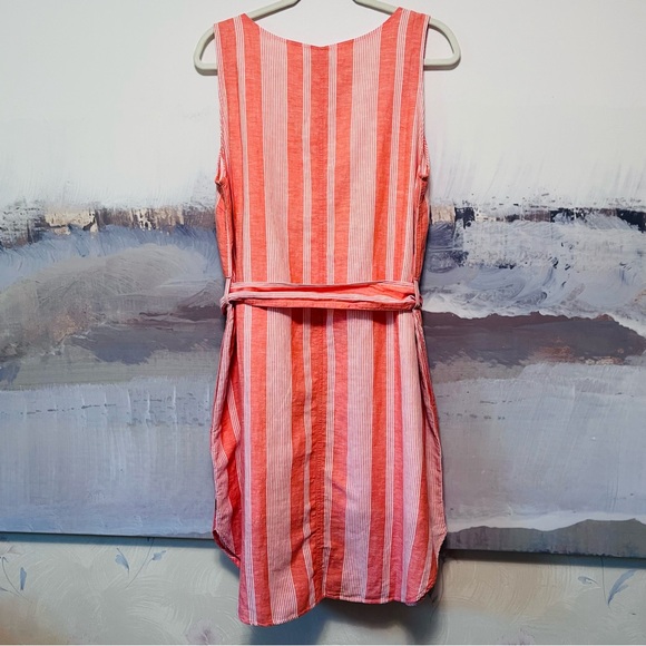 EDDIE BAUER Striped Sleeveless LINEN Blend Dress Tie Waist Orange White Womens L - Picture 8 of 16
